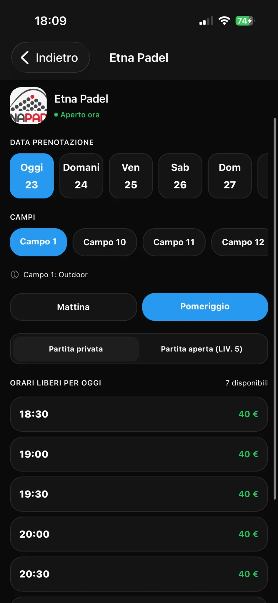 Schermata di prenotazione con gli orari liberi